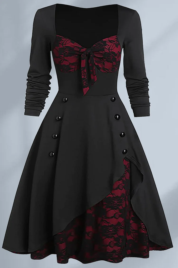 Flycurvy Plus Size  Black Gothic Rose Embroidery Tunic Midi Dress  Flycurvy [product_label]
