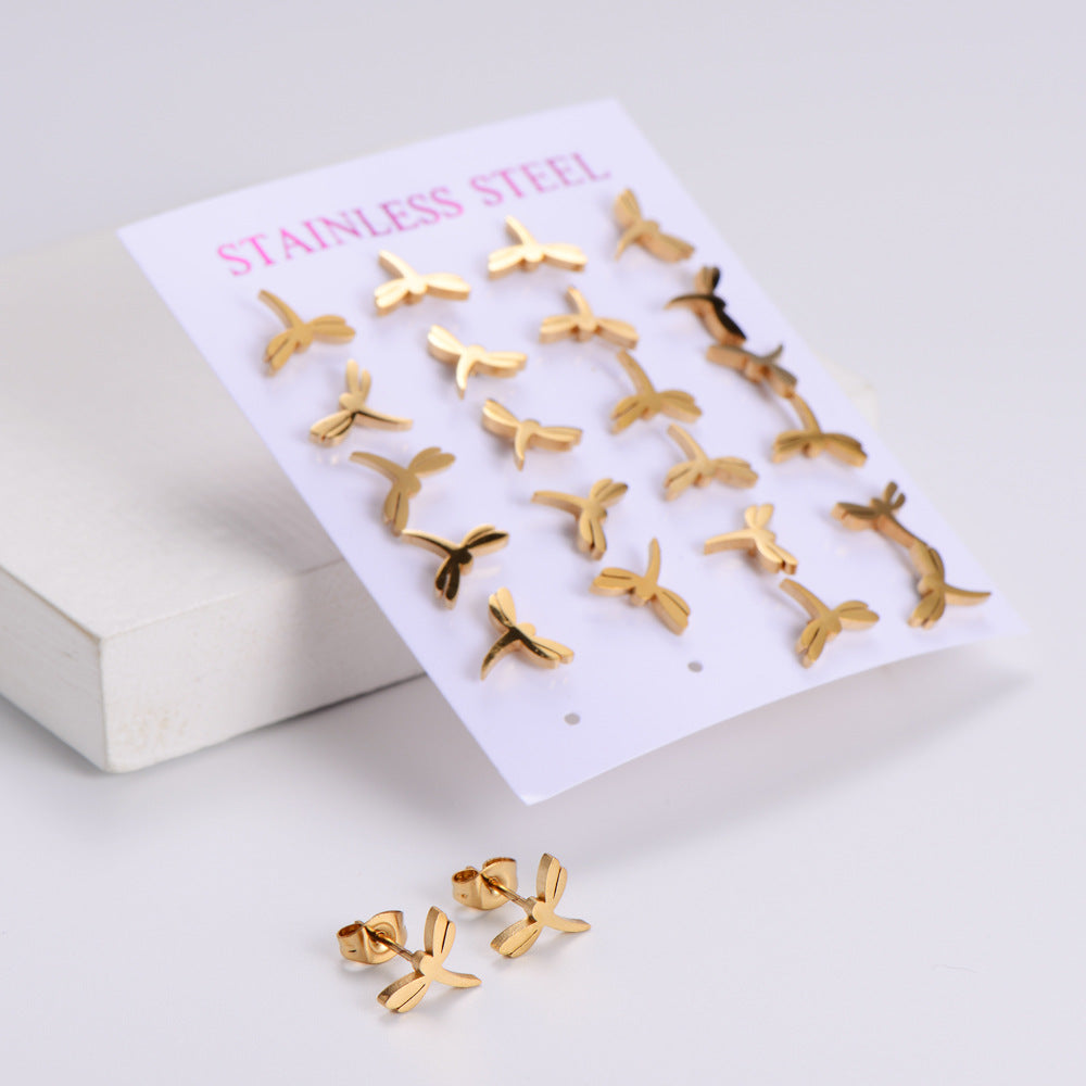 Women Minimalist Geometric Metal Butterfly Chinese Zodiac Animal Stainless Steel Stud Earrings