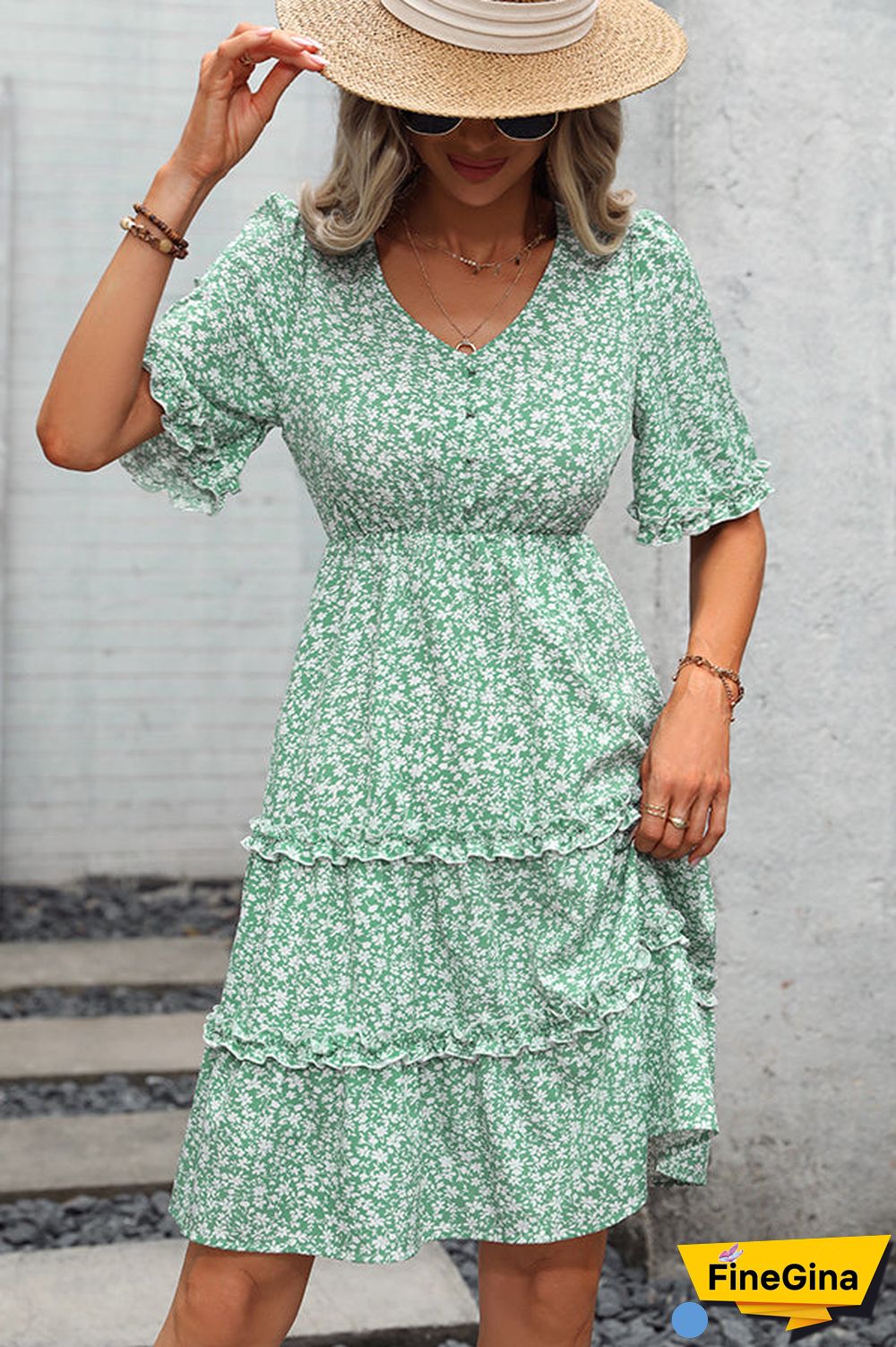Floral Print Frill V Neck Casual Dress