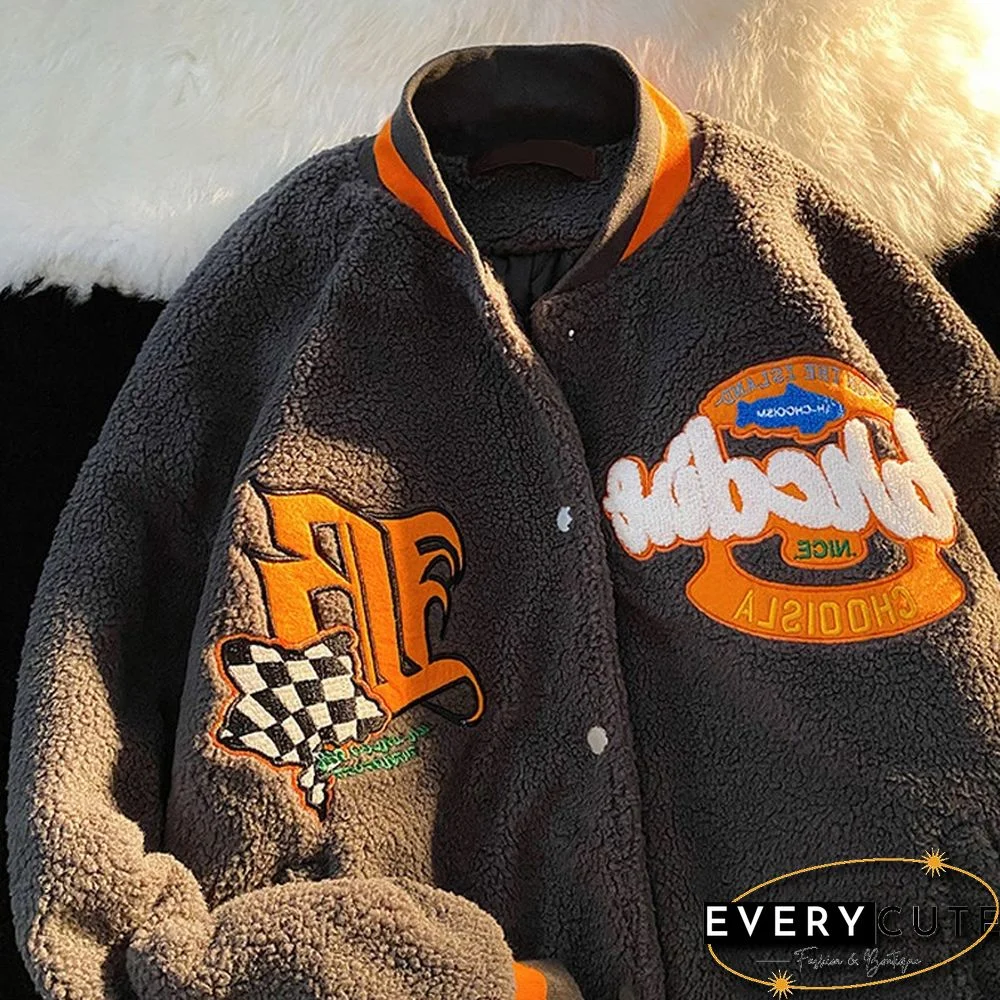 Unisex American High Street Flocked Print Vintage Lamb Wool Baseball Jacket