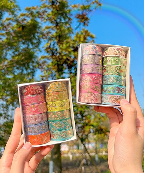 12 Rolls Colorful Classical Flower Gilded Washi Tape Set-Himinee.com