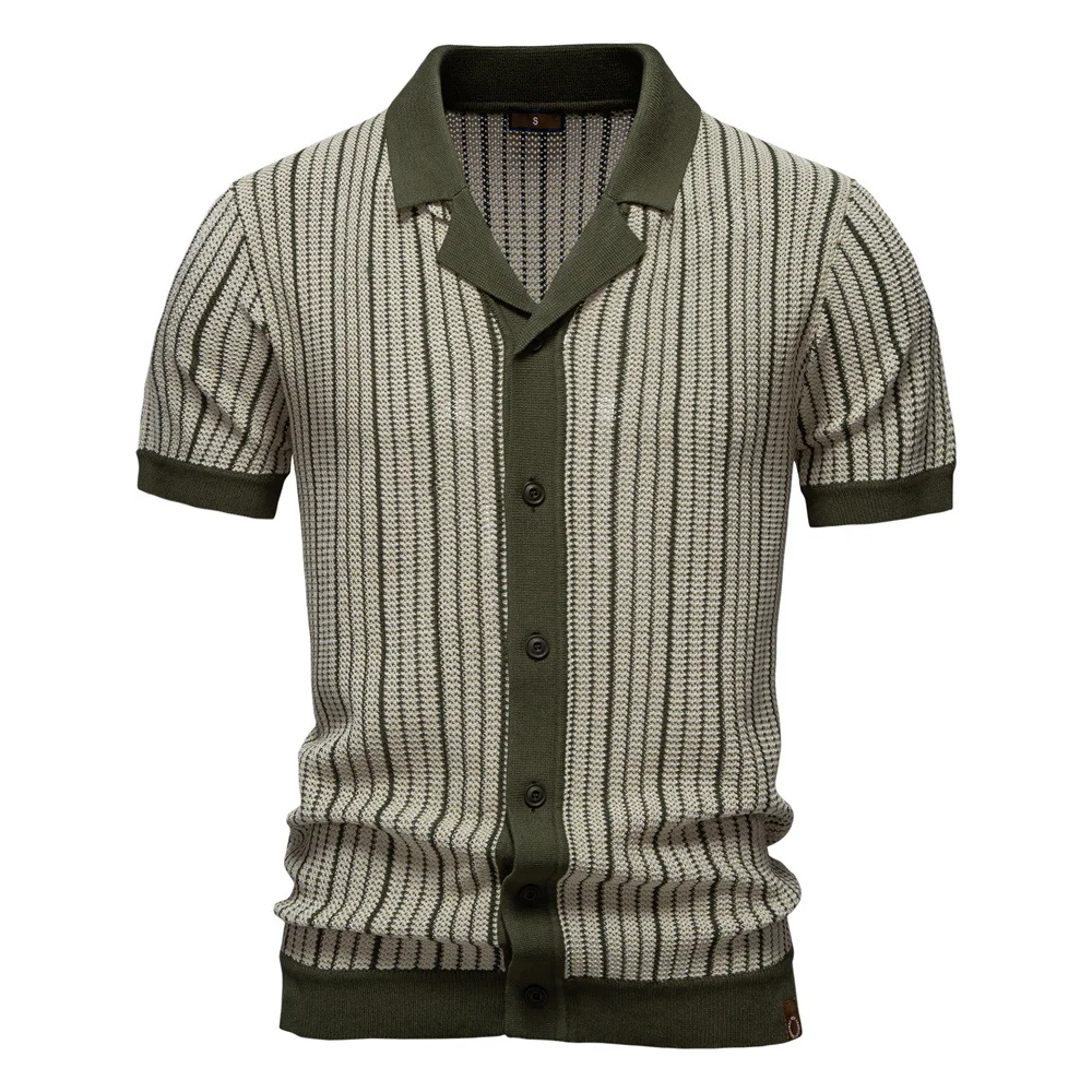 Men's Short-sleeved Knitted Polo Striped Business Polo Shirt