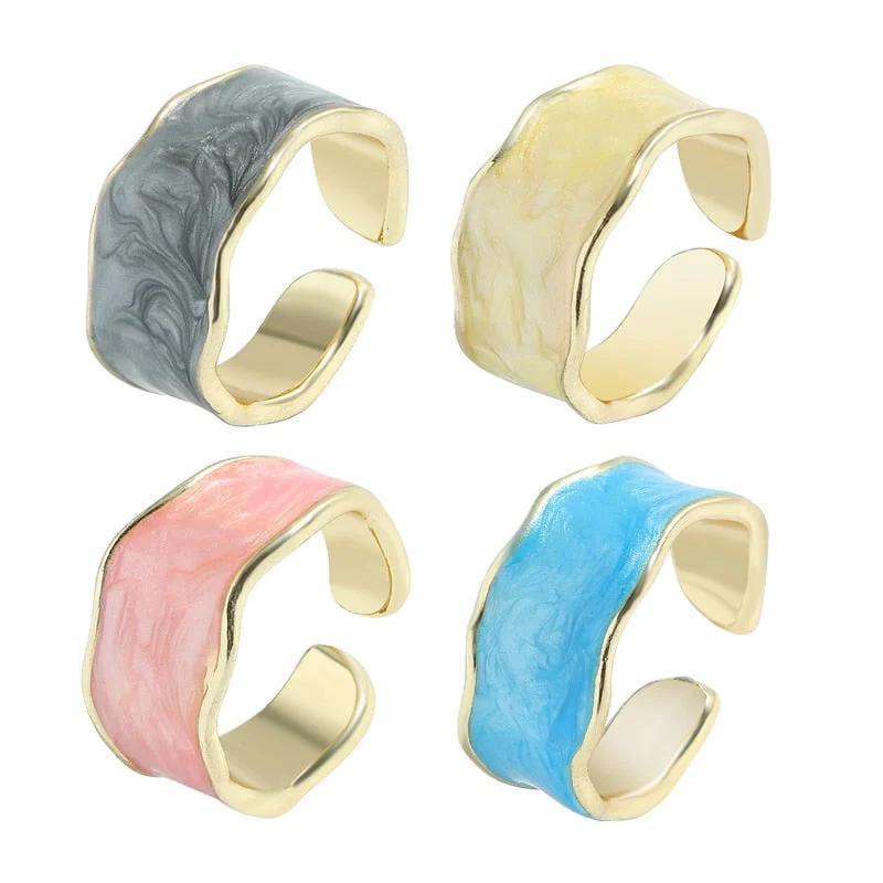 Dvacaman 2021 New Trendy Hand-Painted Candy Color Dripping Oil Geometric Chain Rings Set for Women Colorful Irregular Open Rings