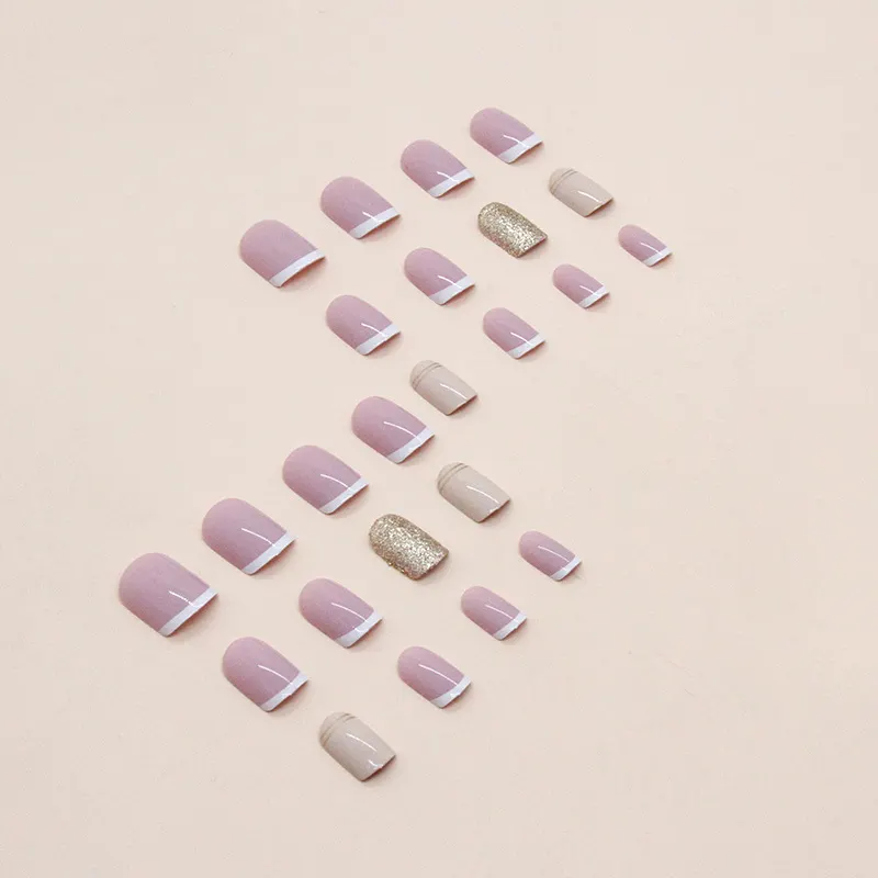 Churchf Churchf Simple French Nail Champagne Flash Pink Gold Foil Pearl Fake Nails Ins Wind Wear Armor