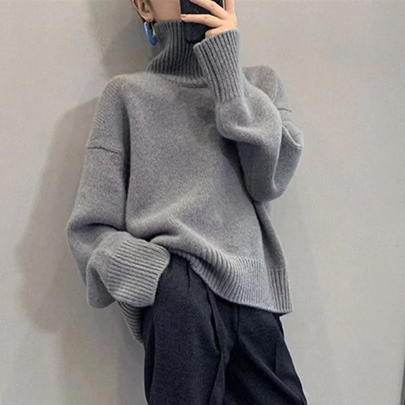 Toloer Toloer Female Turtleneck Pullover Sweater Female New Loose Lazy Wind Show Thin Solid Color Bottom Shirt Top Women's Fashion-Outfit Ideas