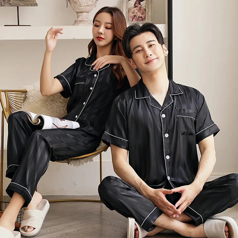 Stolskolb Short-sleeved Shorts Ice Silk Pajamas Men and Silk Satin Pajamas Set Long Sleeved Sleep Women Sleepwear Pijamas Couple Pajamas