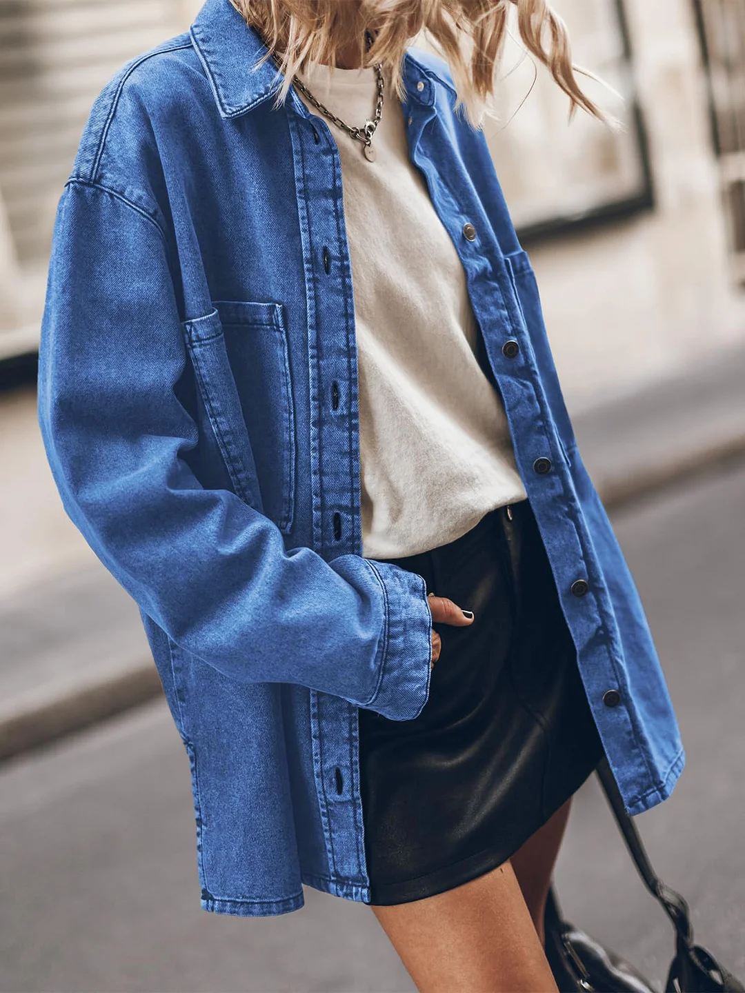 Women's Retro Lapel Denim Jacket Blue Big Pocket Loose Casual Shirt Jacket