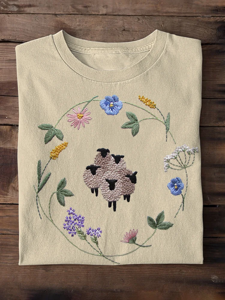 VChics Sheep & Floral Embroidery Pattern Cozy Short Sleeve T-Shirt