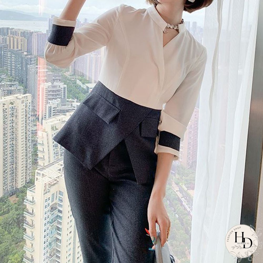 Autumn Suit Women Pants 2 Piece Set Elegant Office Lady Outfits Hit Color Blouse And Pants Fashion Sets