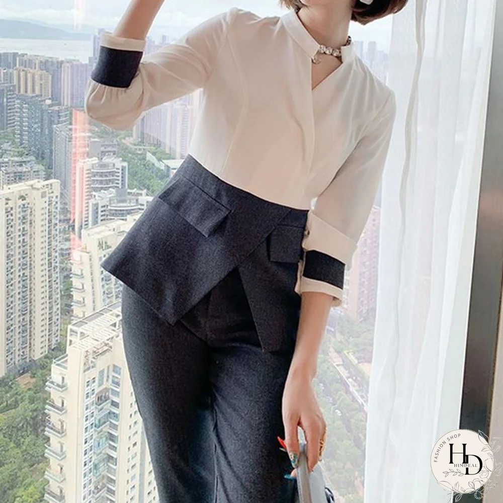 Autumn Suit Women Pants 2 Piece Set Elegant Office Lady Outfits Hit Color Blouse And Pants Fashion Sets