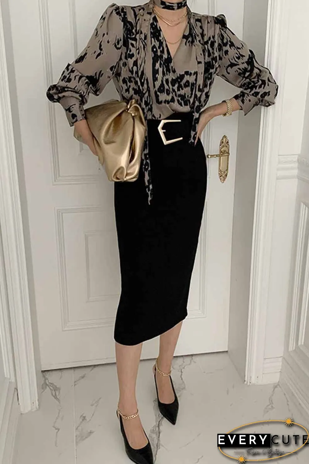 Wind Deep V-Neck Shirt Puff Sleeve Leopard Print Tops