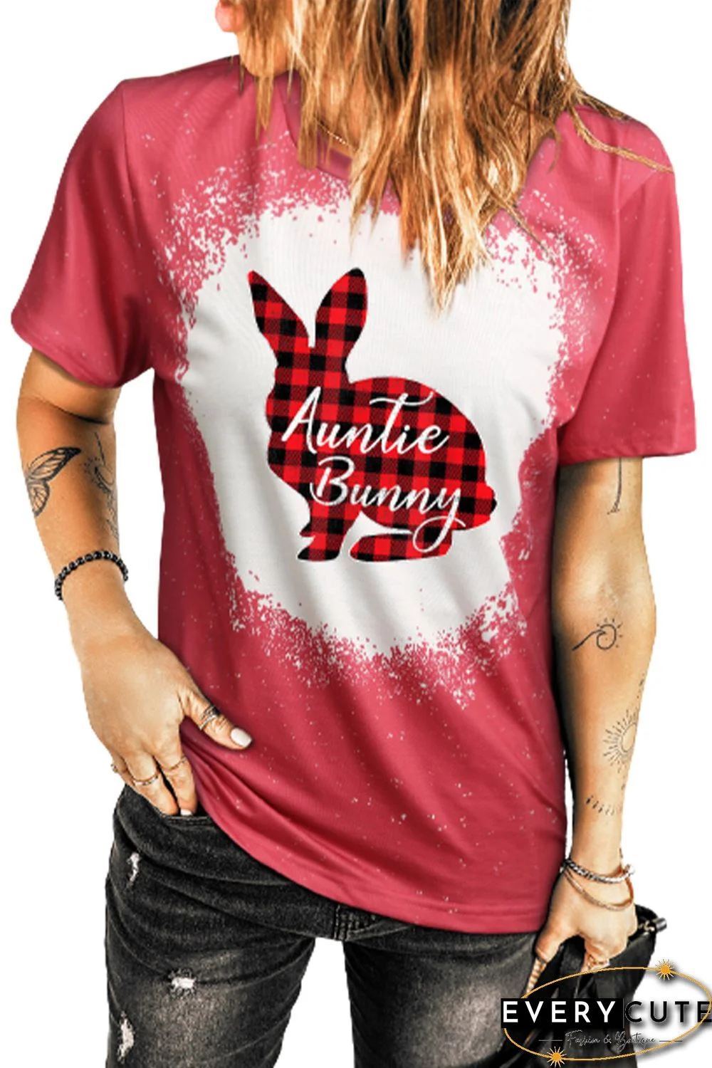 Red Auntie Bunny Plaid Graphic Print Short Sleeve Tee