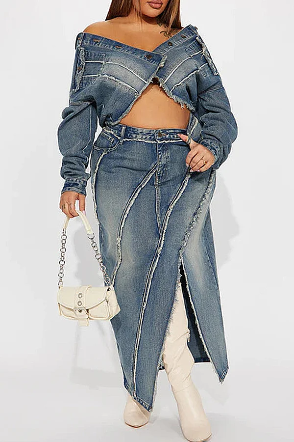 Casual Slit Straight Denim Skirt