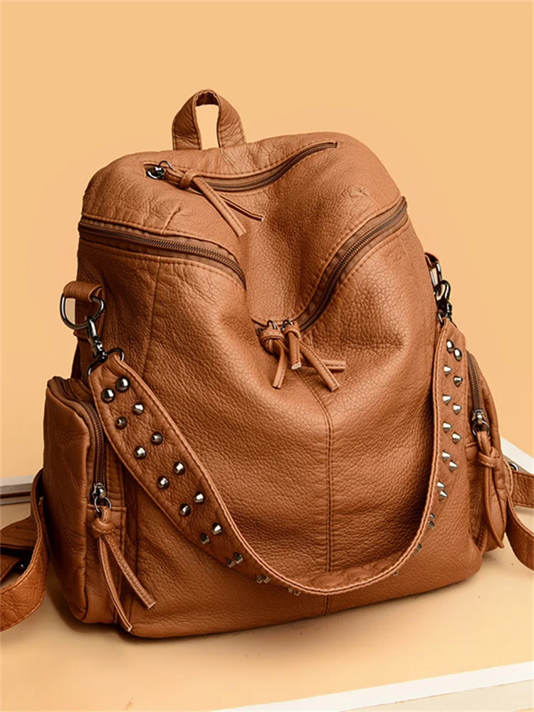 Studded Strap Utility Soft Leather Backpack Shoulder Bag
