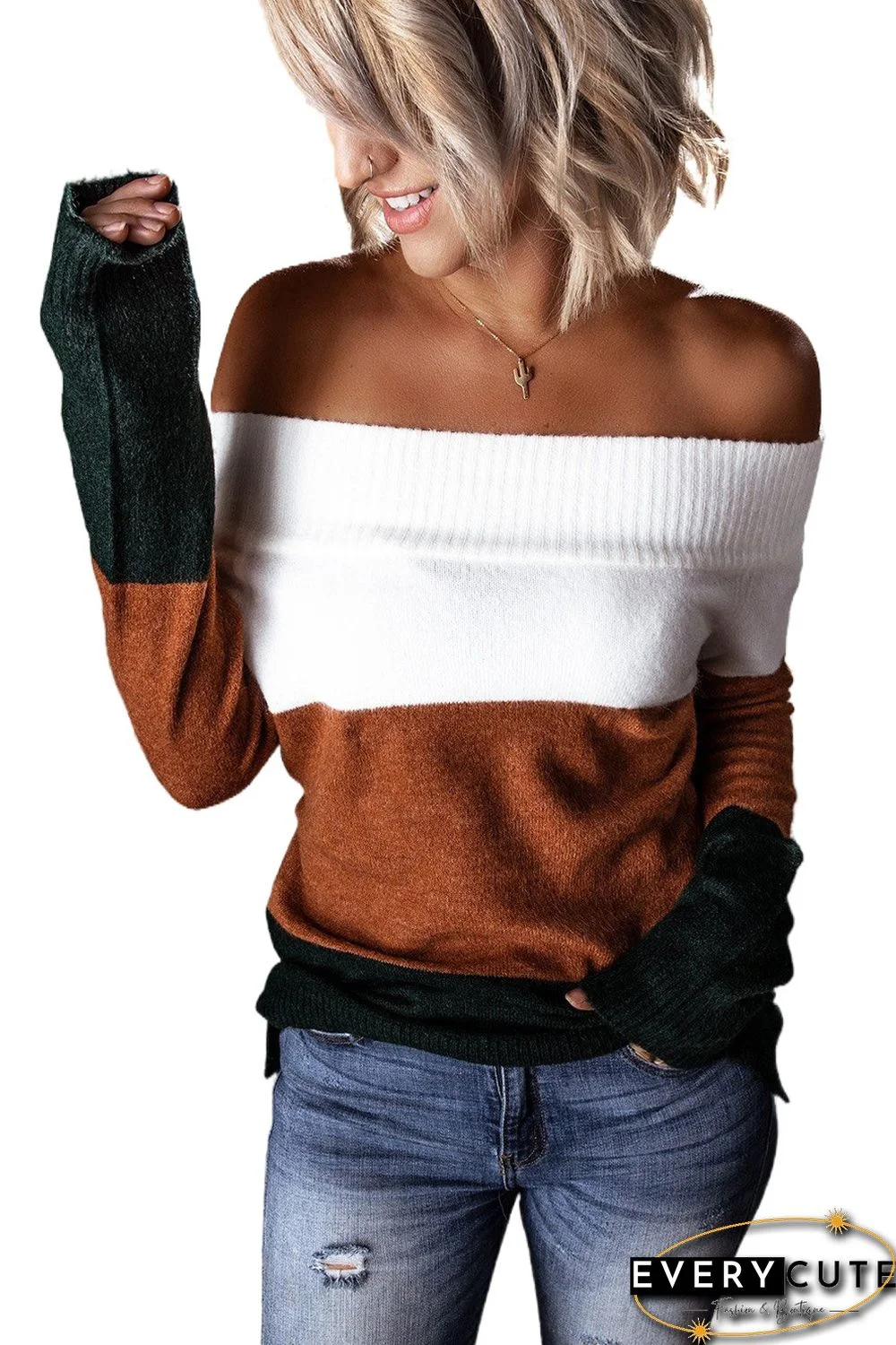 Colorblock Off-the-shoulder Sweater