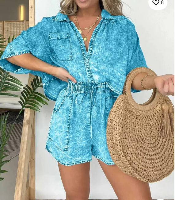 Mature Women 2pcs Loose Denim Suits Summer Casual Bat Sleeve Shirt And Drawstring Shorts Suits