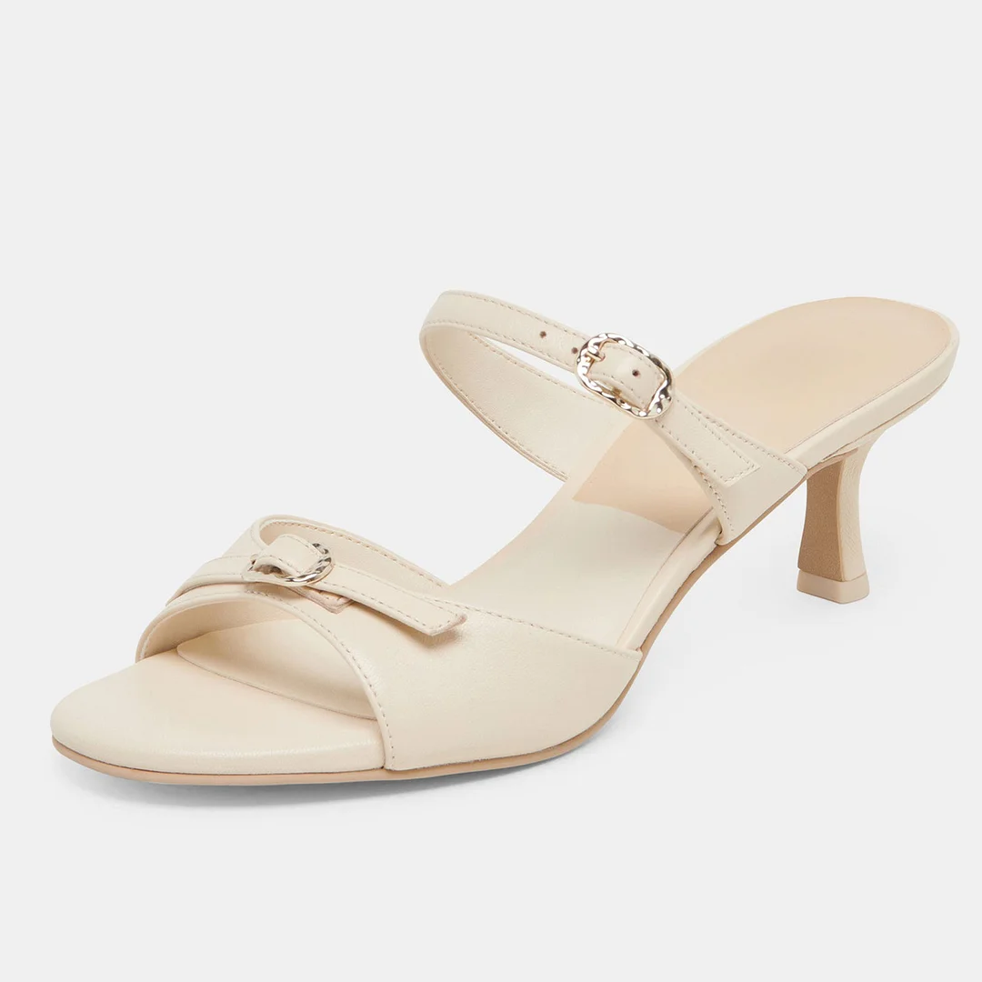 Ivory Vegan Leather Kitten Heel Open-Toe Buckle Mules Sandals