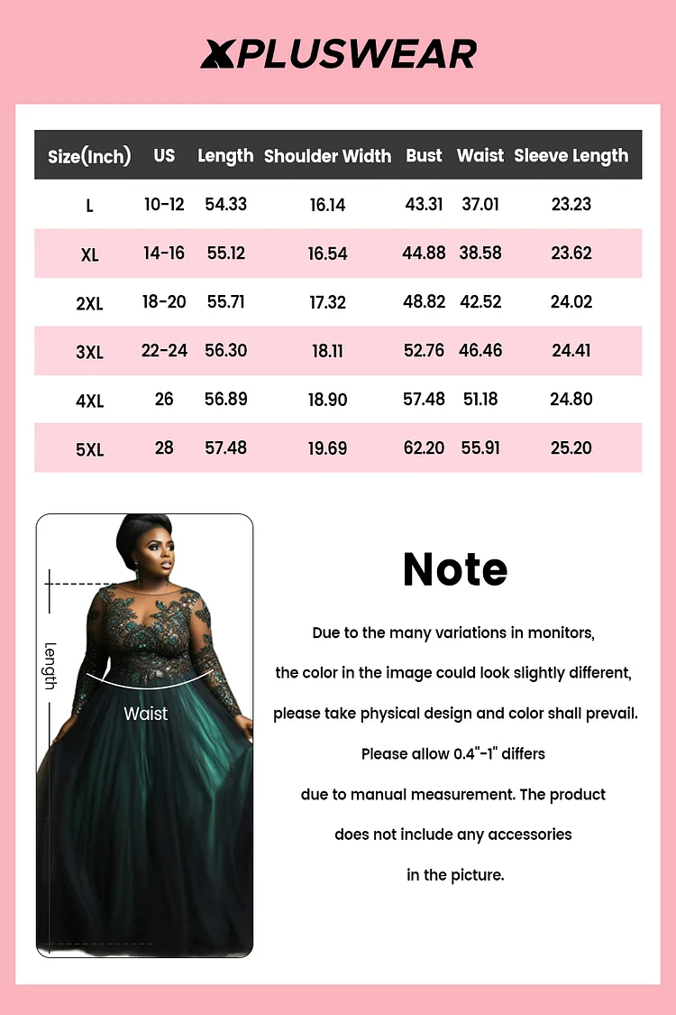 Xpluswear Design Plus Size Evening Gowns Green Long Sleeve Tulle Maxi Dresses [Pre-Order]