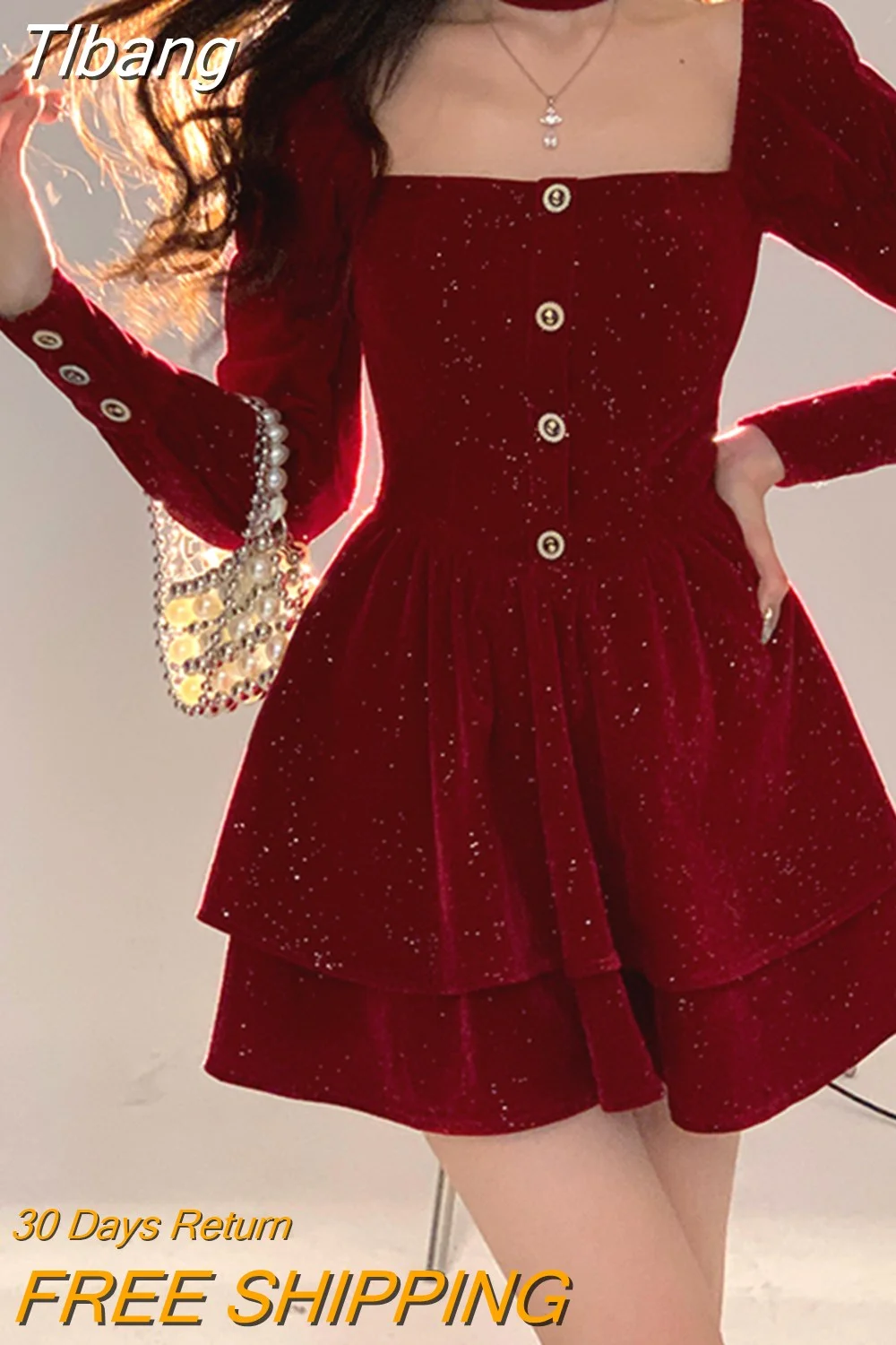 Tlbang Red Elegant Velvet Dress Women France Designer Vintage Mini Dress Female Korean Fashion Party Y2k Dress Winter 2023