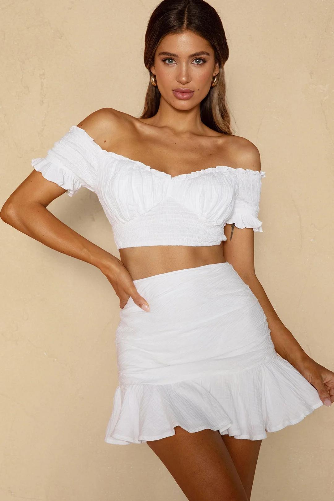 Rise And Shine Shirred Bodice Tied Back Crop Top White