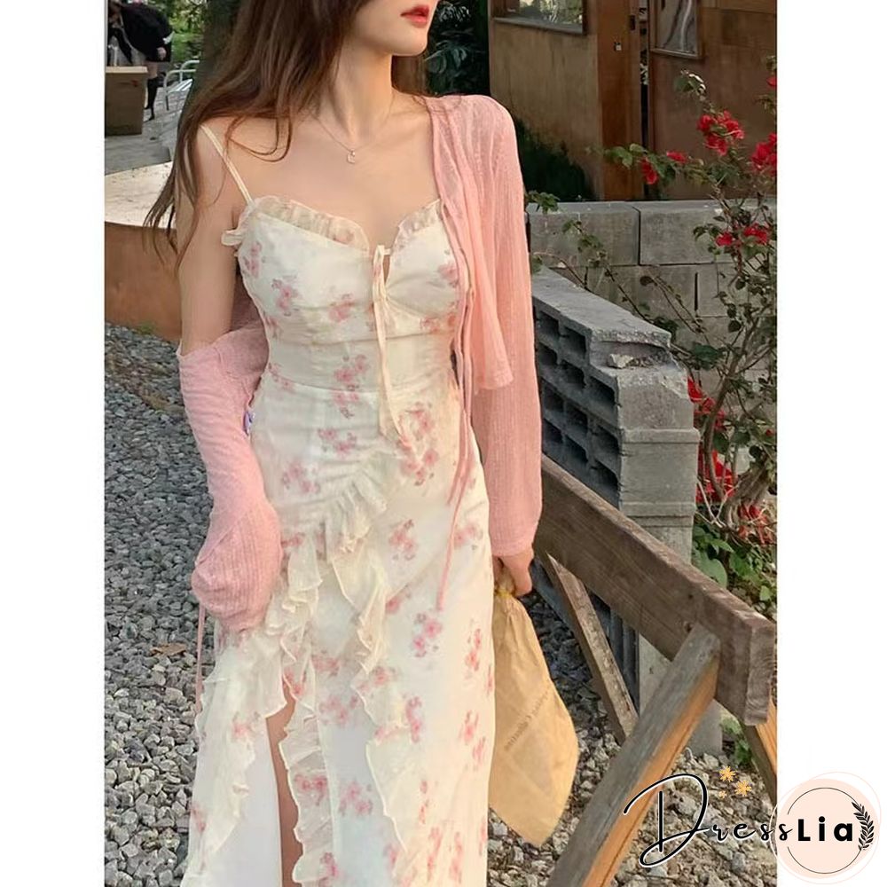 Summer Floral Sleeveless Midi Dress Elegant Sexy French Vintage Strap Dresses Woman Party One Piece Korean Fashion Robe Y2K
