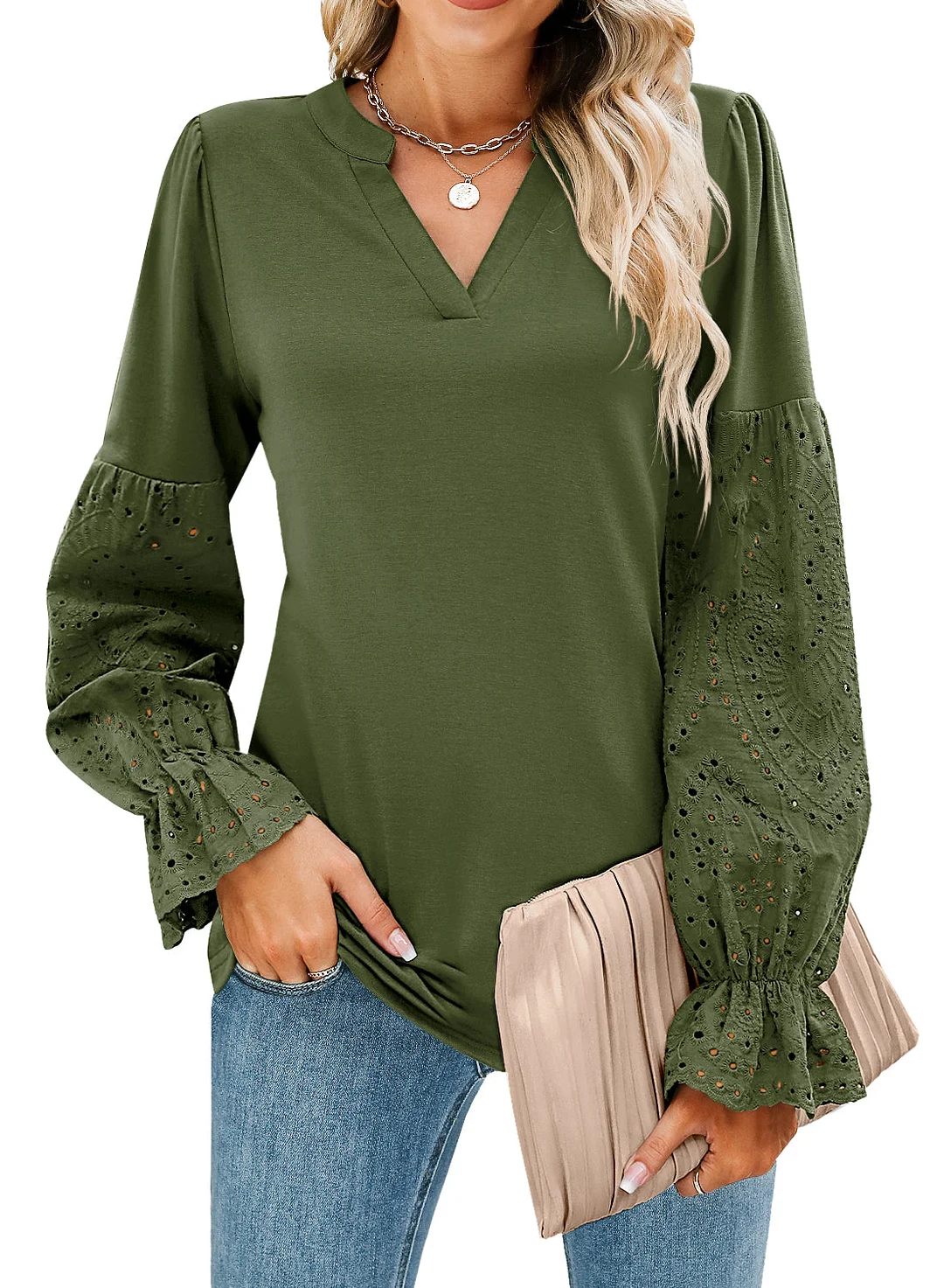 MIHOLL Women V Neck Long Sleeve Shirt Lace Crochet Loose Casual Top Blouse
