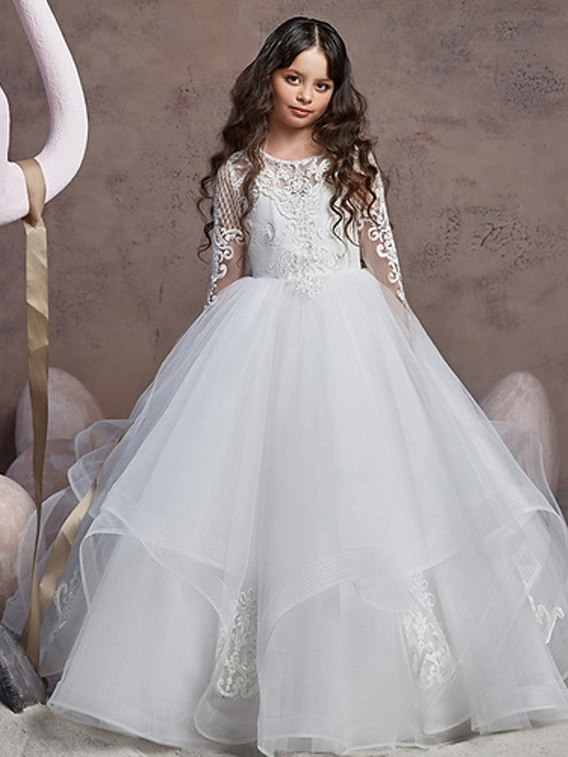 Oknass Ball Gown Long Sleeve Jewel Neck Flower Girl Dresses  Poly  With Lace Tier  Appliques