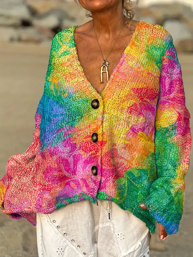Women's Beautiful Colorful Abstract Floral Leaves Painting Art Print Casual Pullover Sweater