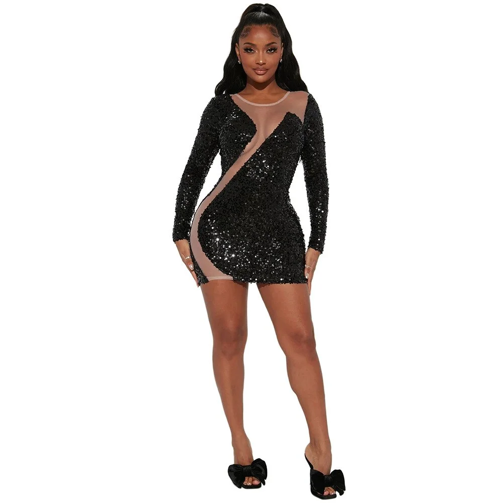 Mesh Sequin Short Prom Dress Luxury Long Sleeve See Through Night Clubwear Outfits Evening Gowns Party Bodycon Mini Dresses