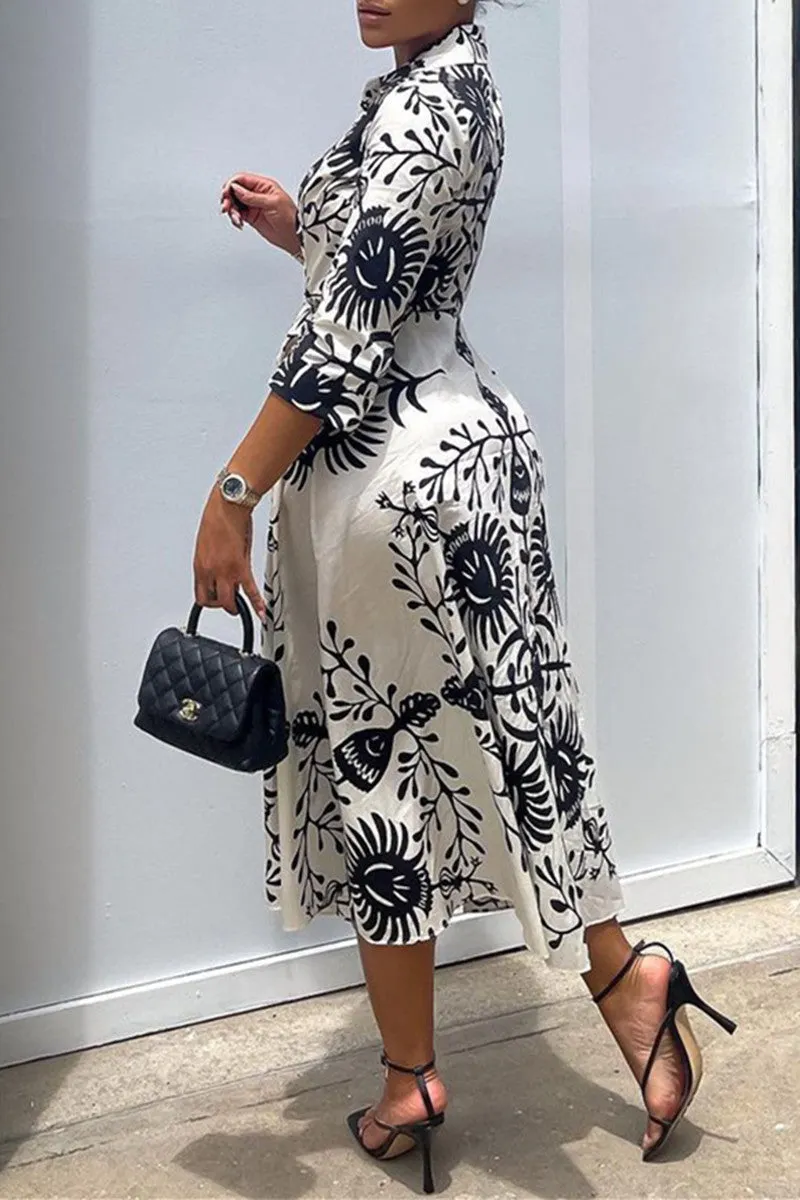 Fashion Sexy Print Slit Turndown Collar Shirt Dress