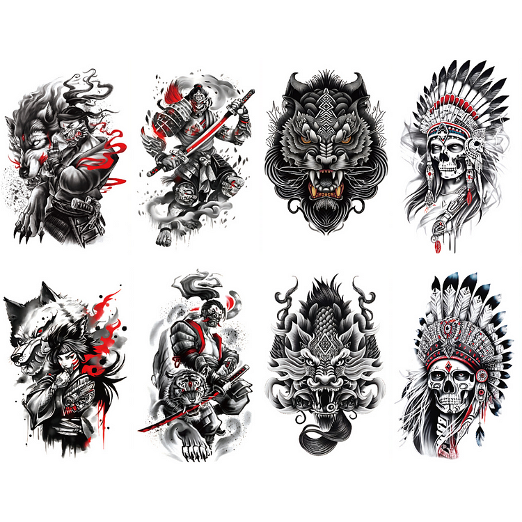 8 Sheet Samurai Ninja Indian Dragon Extra Large Temporary Tattoos Last 1-3 Days