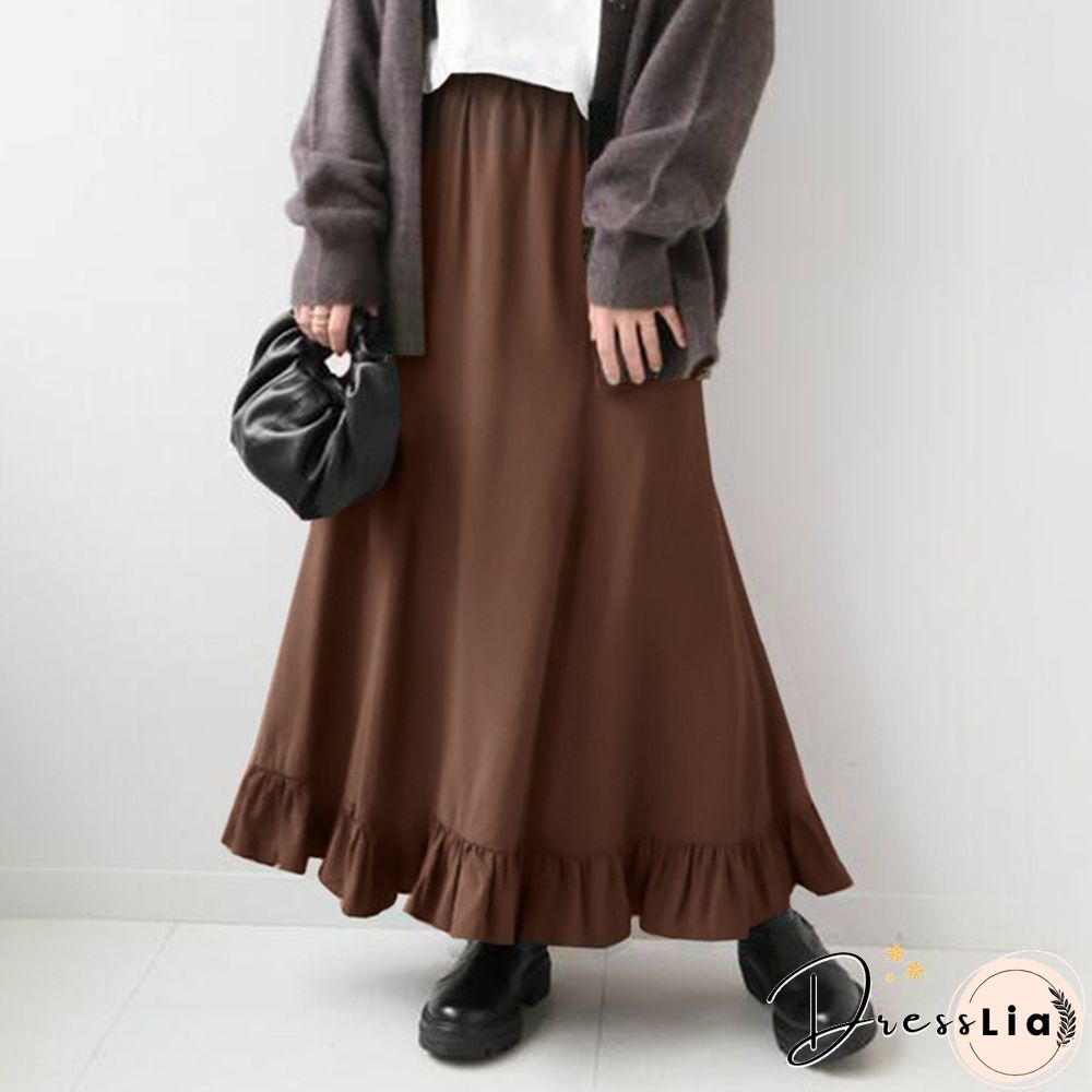 Stylish Women Vintage High Waist Loose Long Skirt Ruffled Hem Summer Skirt Dress