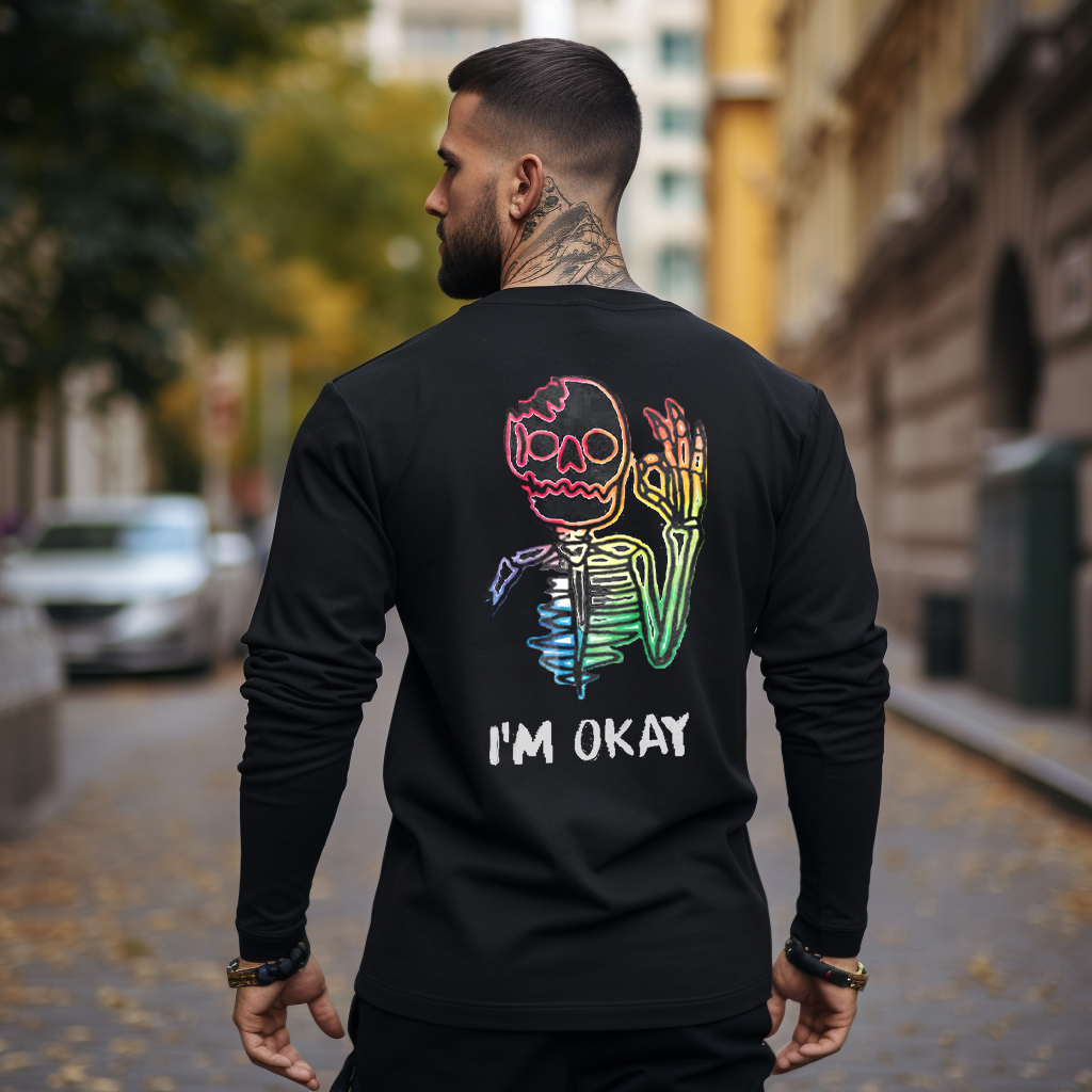 Multicolored Skull Bone I’M OK Print Longsleeves Shirt 