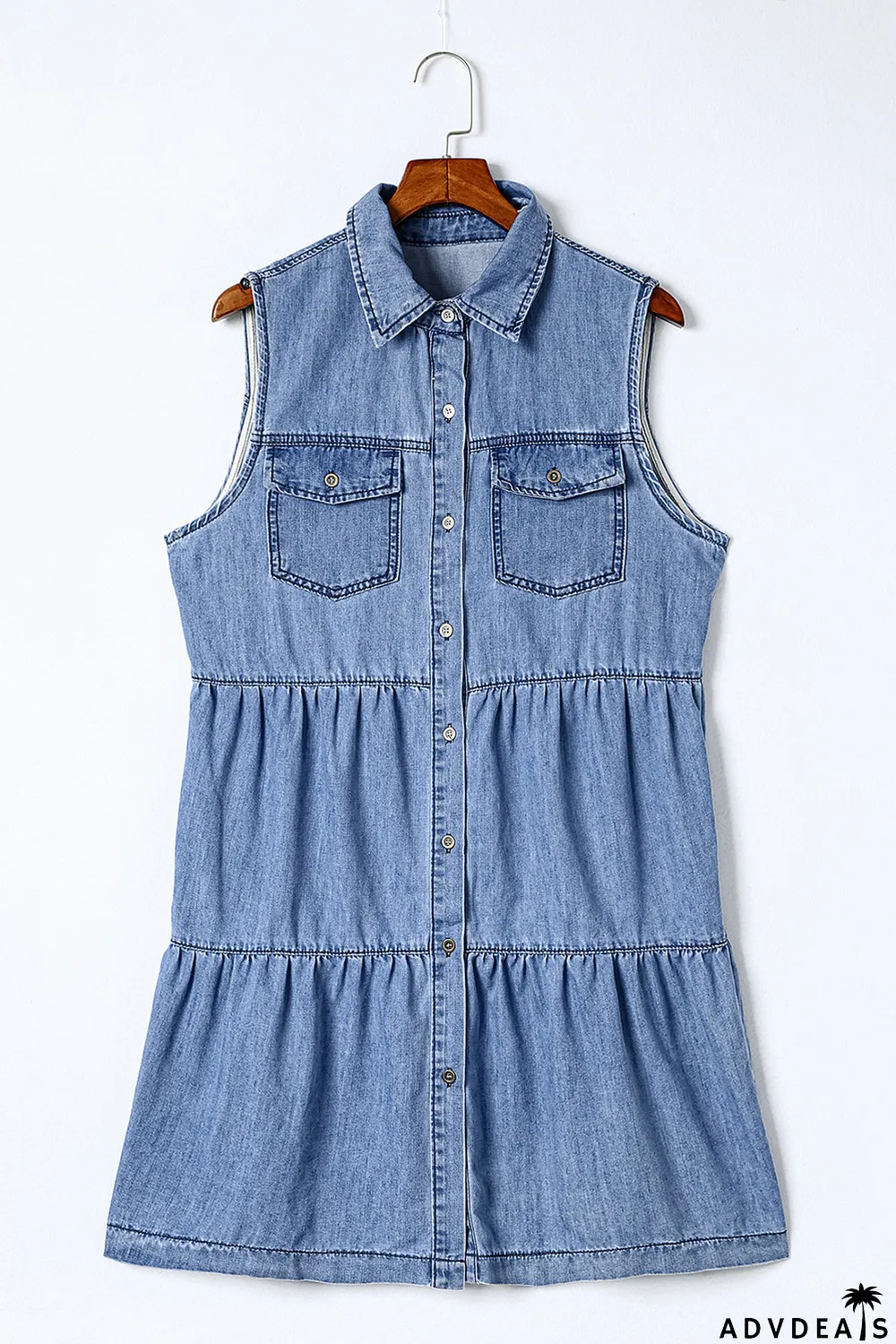 Sky Blue Flap Pockets Button up Sleeveless Denim Dress