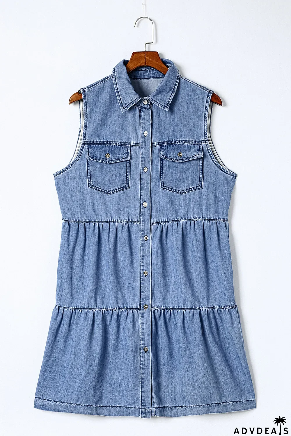 Sky Blue Flap Pockets Button up Sleeveless Denim Dress