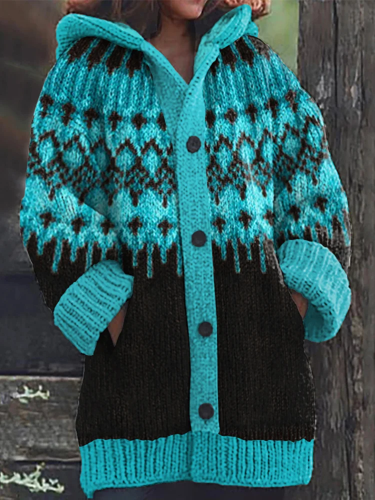 Retro Ethnic Geometric Pattern Contrast Sweater Cardigan