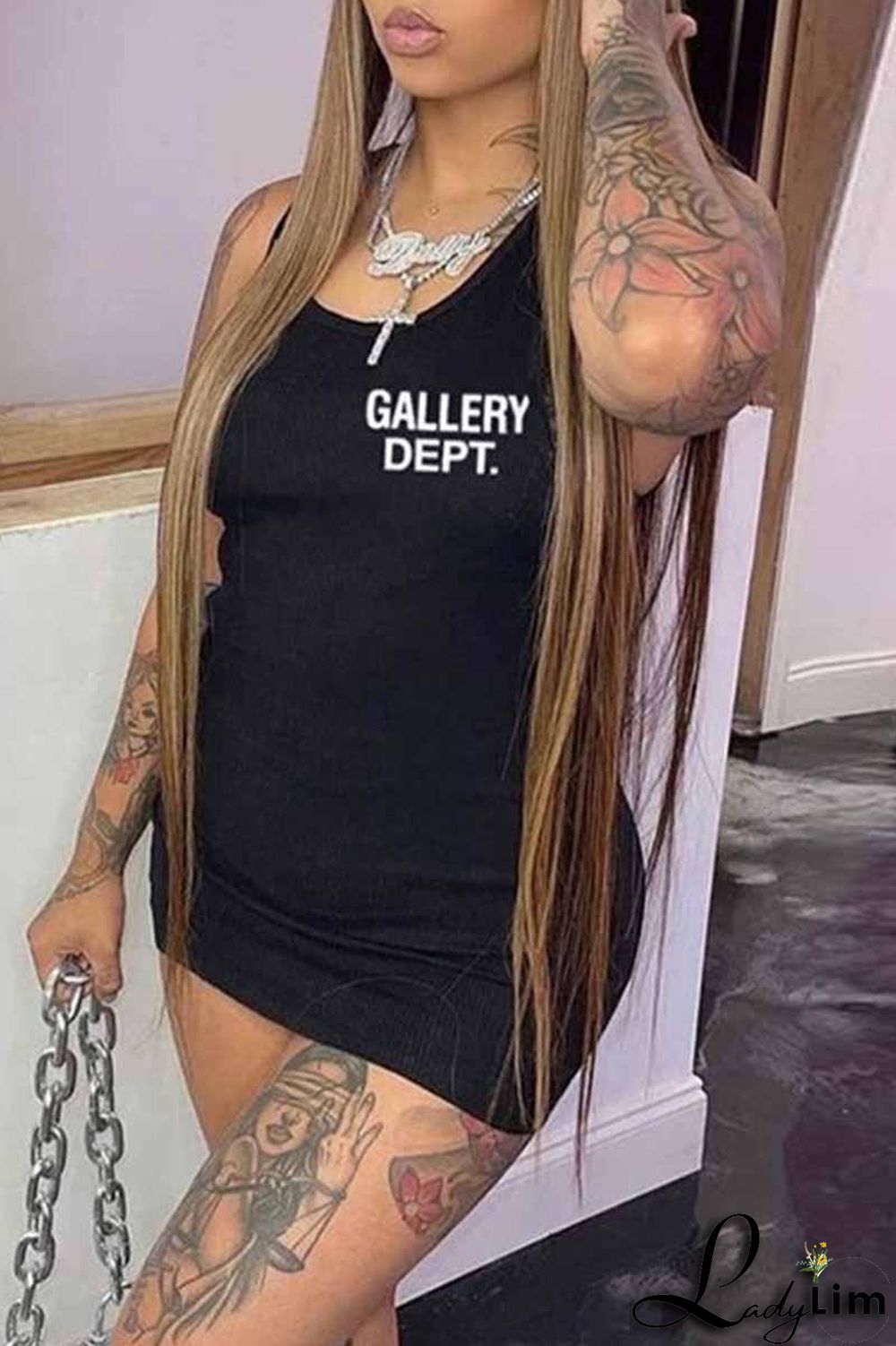 Grey Street Print Letter U Neck One Step Skirt Dresses