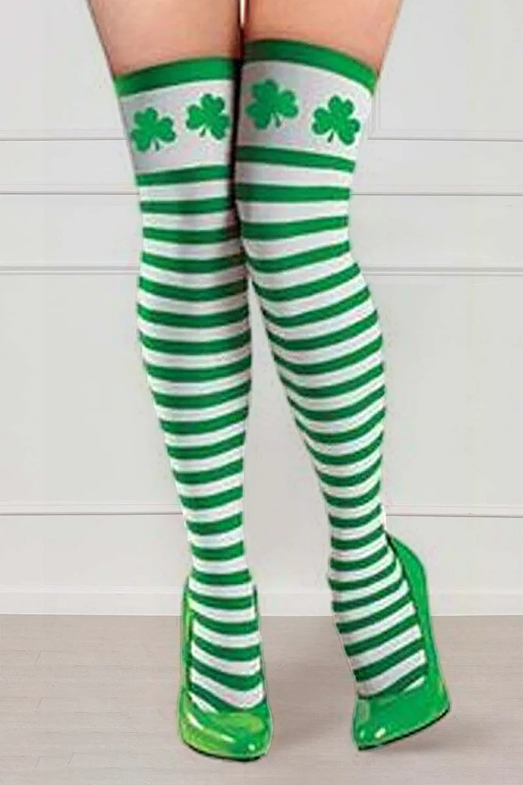 Shamrocks Striped Print St. Patrick's Day Over the Knee Socks