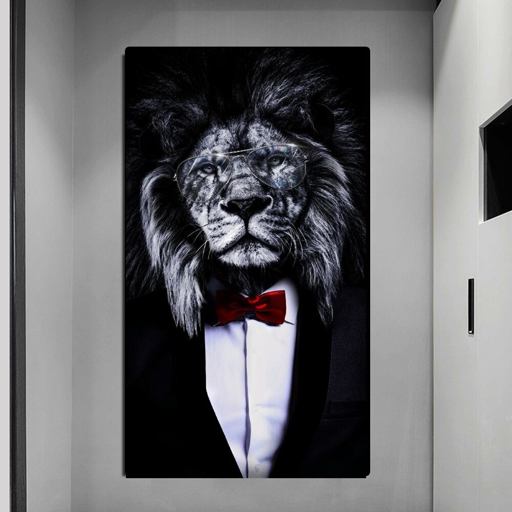 Funny Animal Black White Lion In Suit Canvas Art Posters And Prints Abstract Animals Canvas Paintings On the Wall Art Pictures