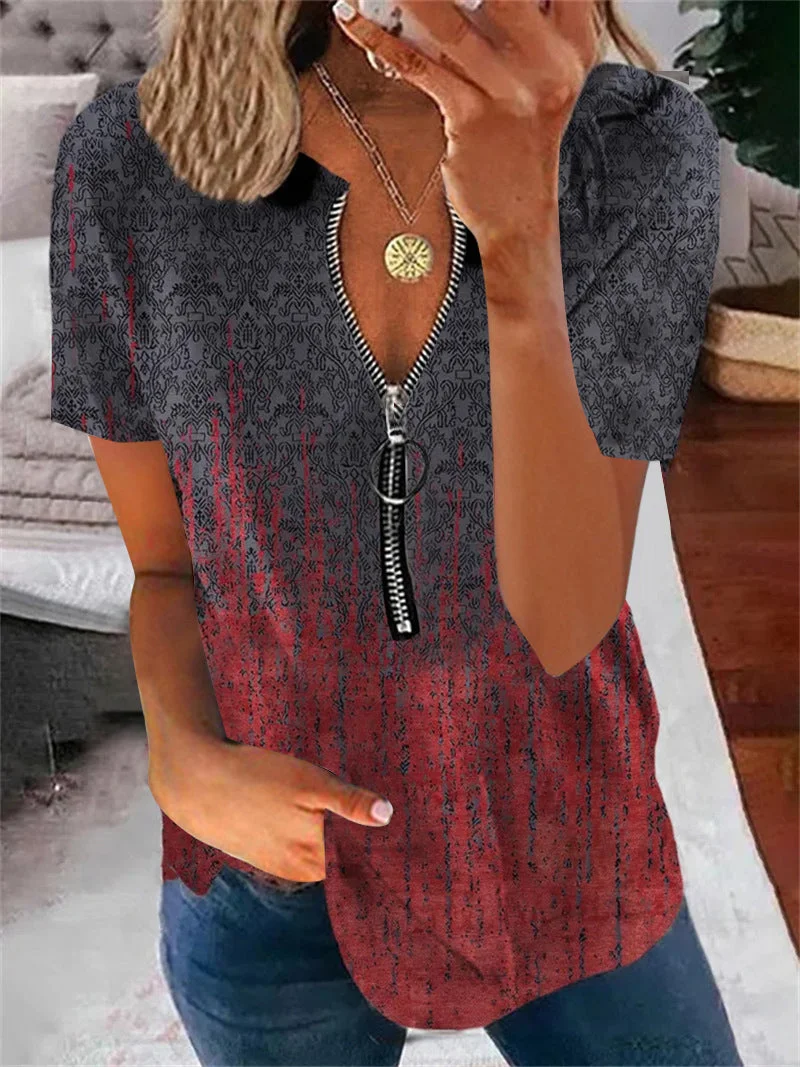 Women's Short Sleeve V-neck Graphic Printed Zipper Top