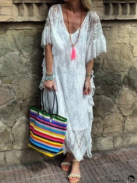 Dresses Lace V-Neck Flared Short Sleeve Dress for Women