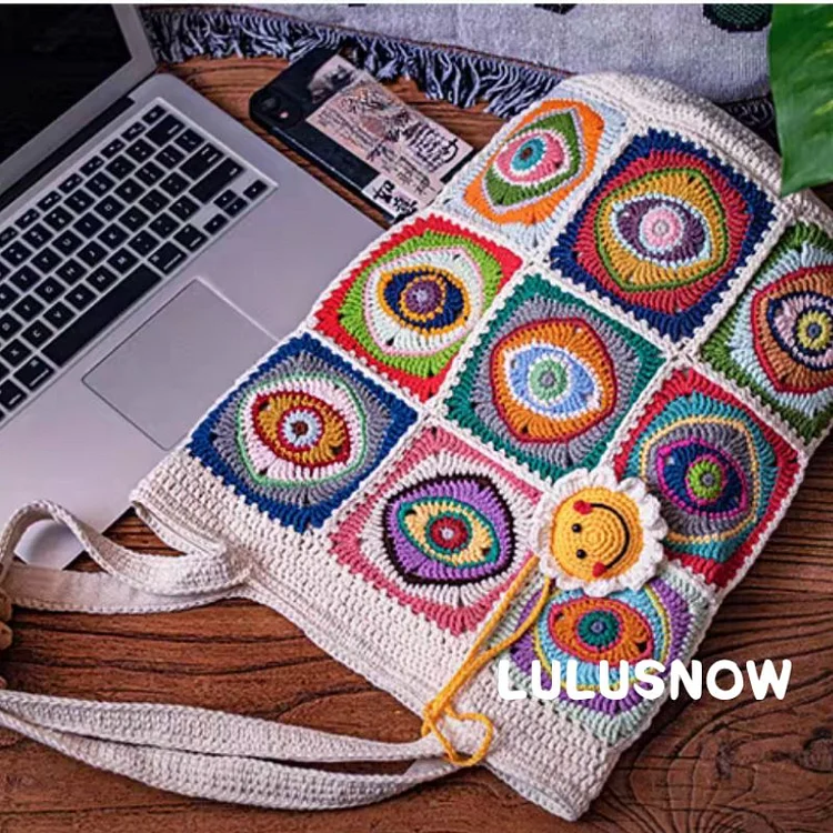 【Flash Sale:50%OFF+Free Shipping】Lulusnow Handmade White Evil Eye Fashion Granny Square Crochet Tote Bag Shoulder Bag  Gift Christmas