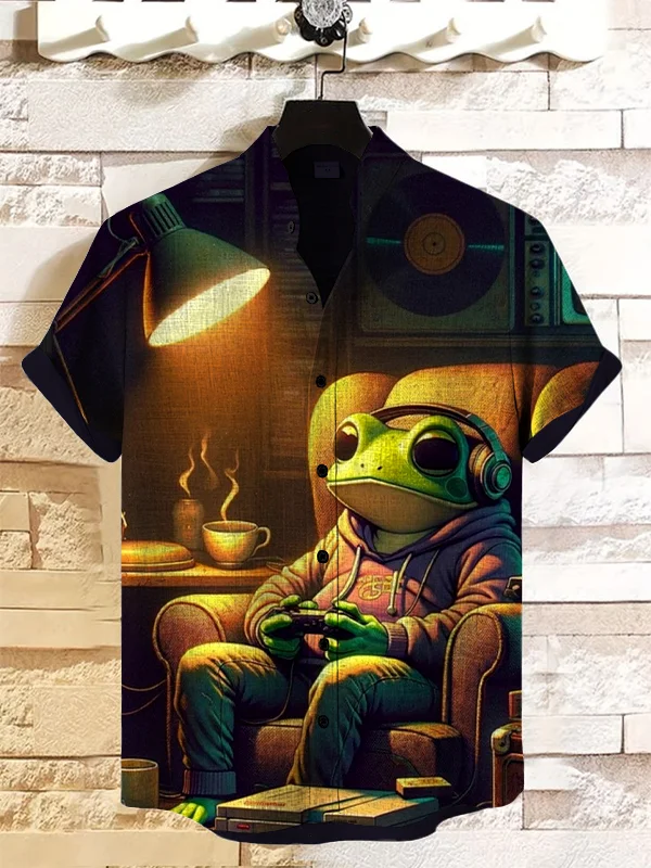 Men's Frog Playing Games Print Casual Shirt