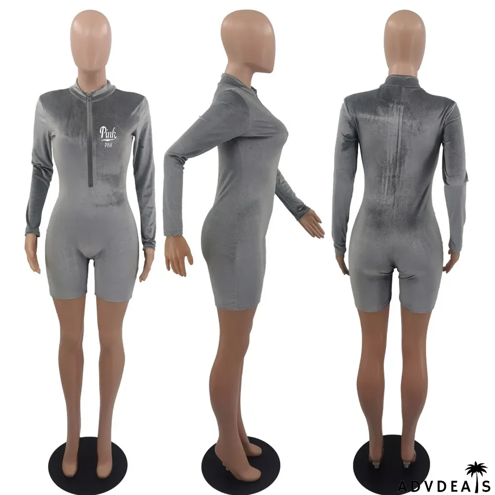 Velvet PINK Letter Print Zipper Long Sleeve Rompers