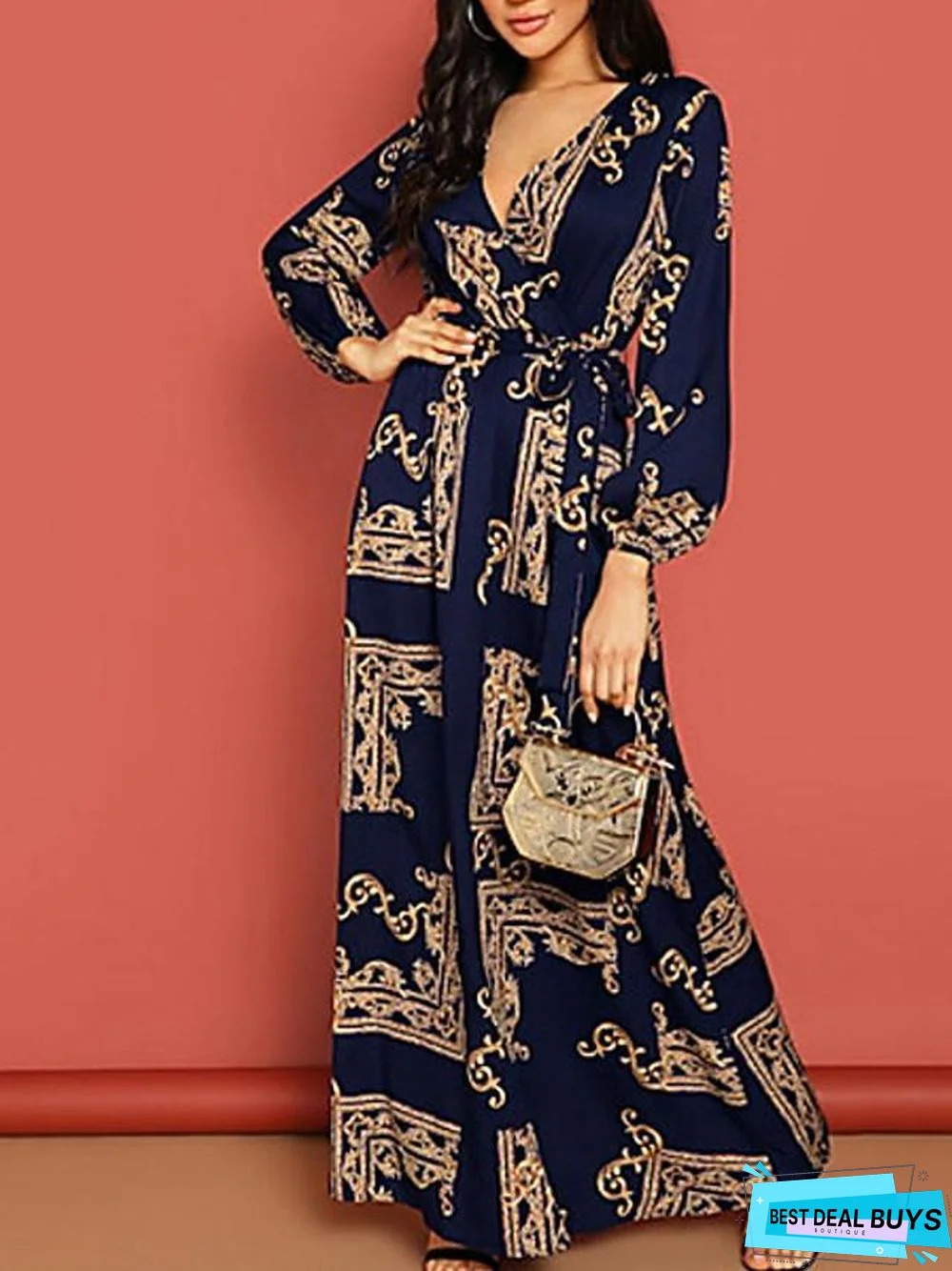 Women's A-Line Dress Maxi Long Dress Long Sleeve Geometric Spring & Summer Hot Elegant Black Navy Blue Black Dresses