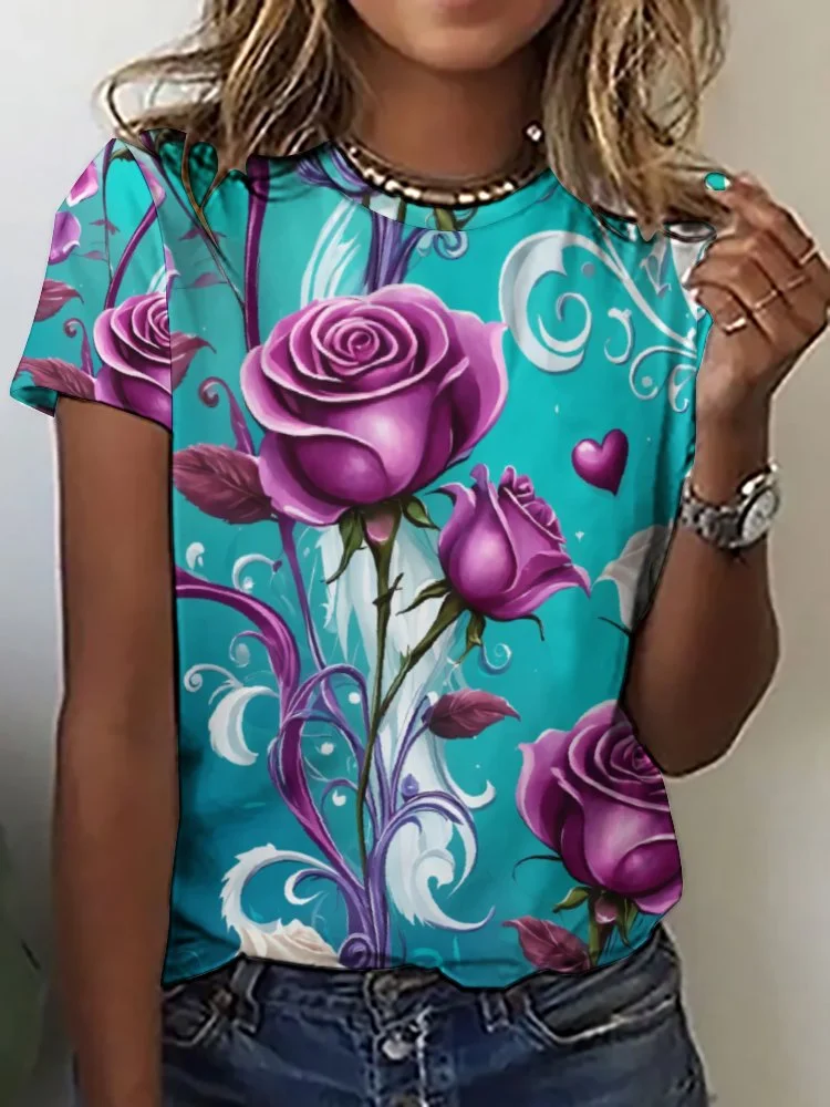 Printed Short Sleeve Casual T-shirt for  Women and Men Unisex Pattern Floral, Purple, Blue