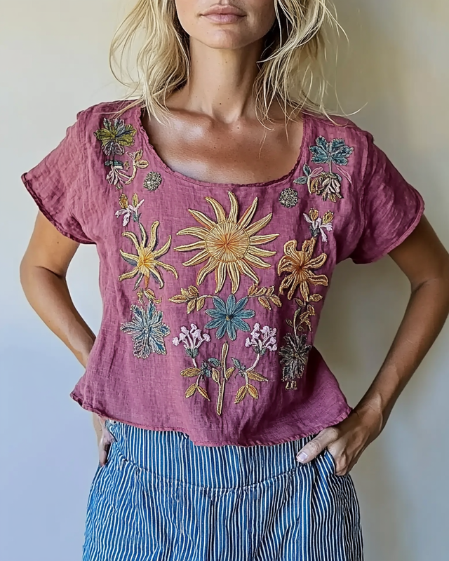 Women's short-sleeved hippie fun embroidery print top 6bbd