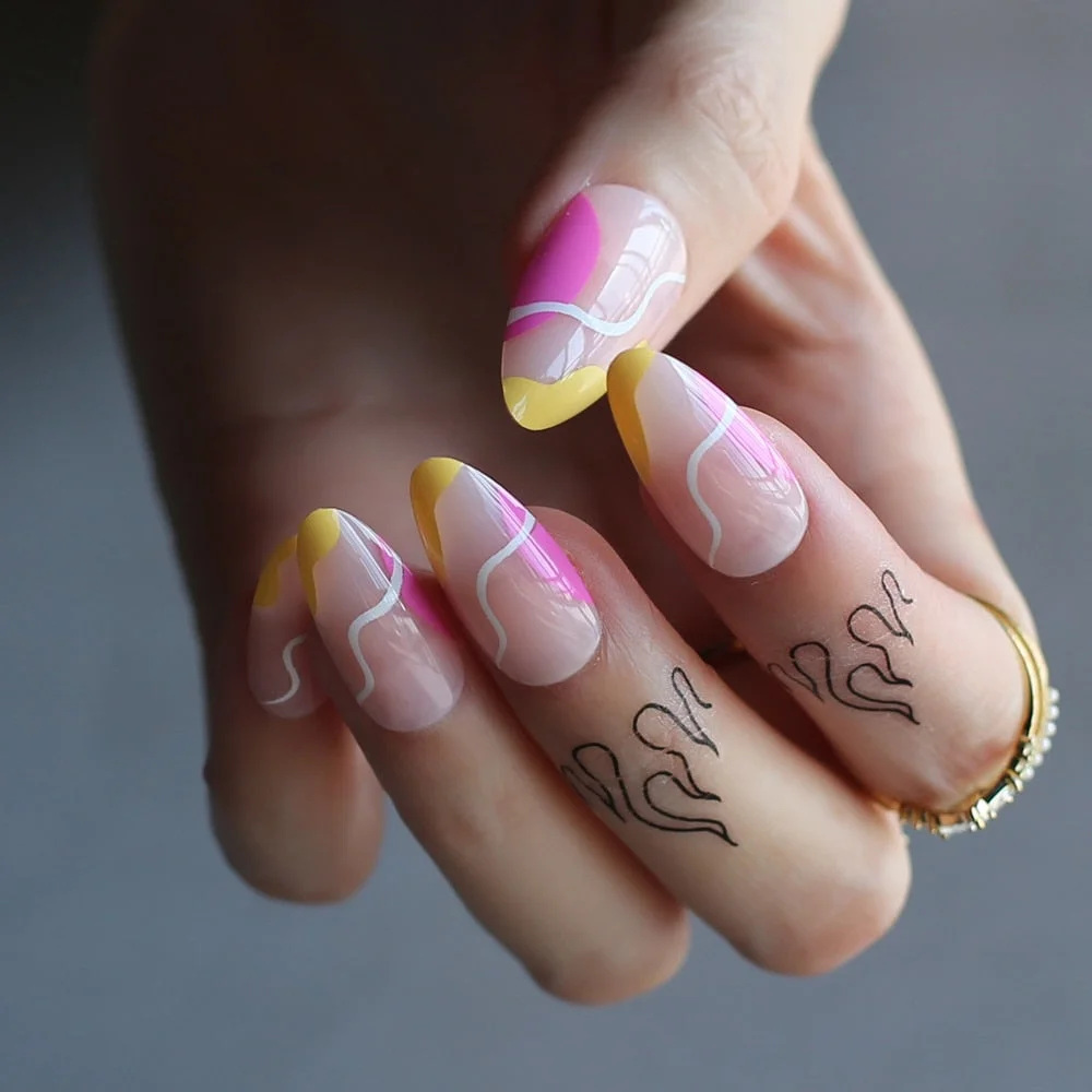 Yellow Pink with Nude Swirl False nails Stiletto Stick on nails Almond French Abstract Pastel Fake nails