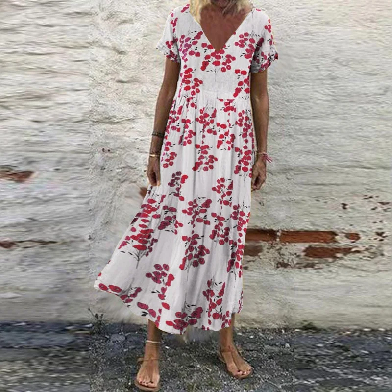 ZANZEA Summer Women Sundress Bohemian Floral Print Beach Maxi Dress Vintage V Neck Short Sleeve Oversized Dresses Kaftan Vestido