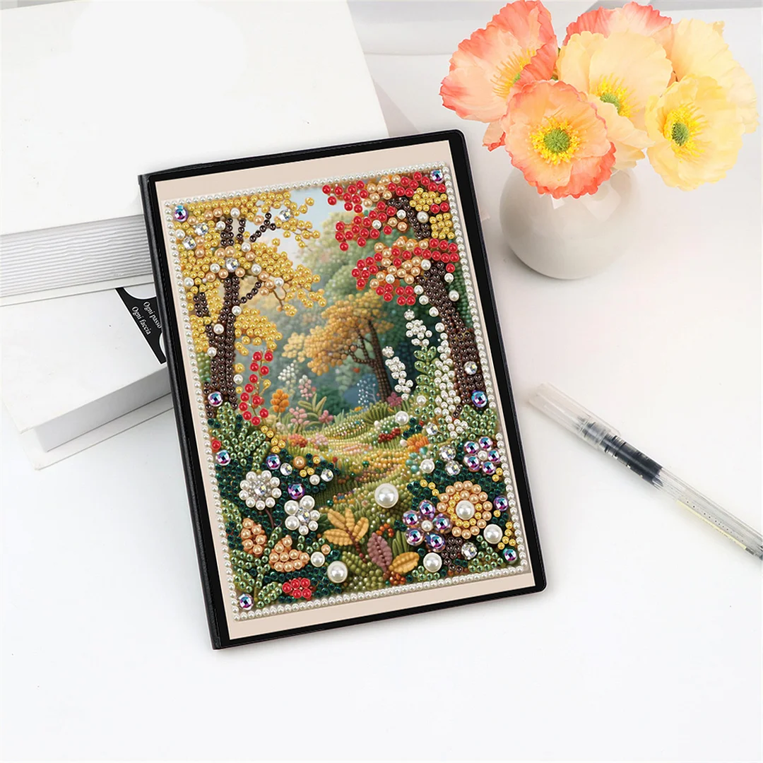Autumn Forest Partial Pearl DIY 50 Pages A5 Diamond Painting Notebook Special Shaped Diamond Art Diary Book Kits Wireless Strip 5D Crystal Art Paintings Sketchbook for Art Drawing